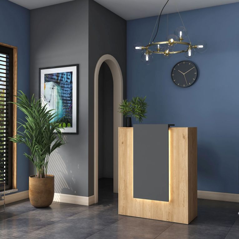 Scrivania Marrone Rovere Nero Antracite un Ripiano un Cassetto 90x40x110h cm, Banco Reception - Otricoli