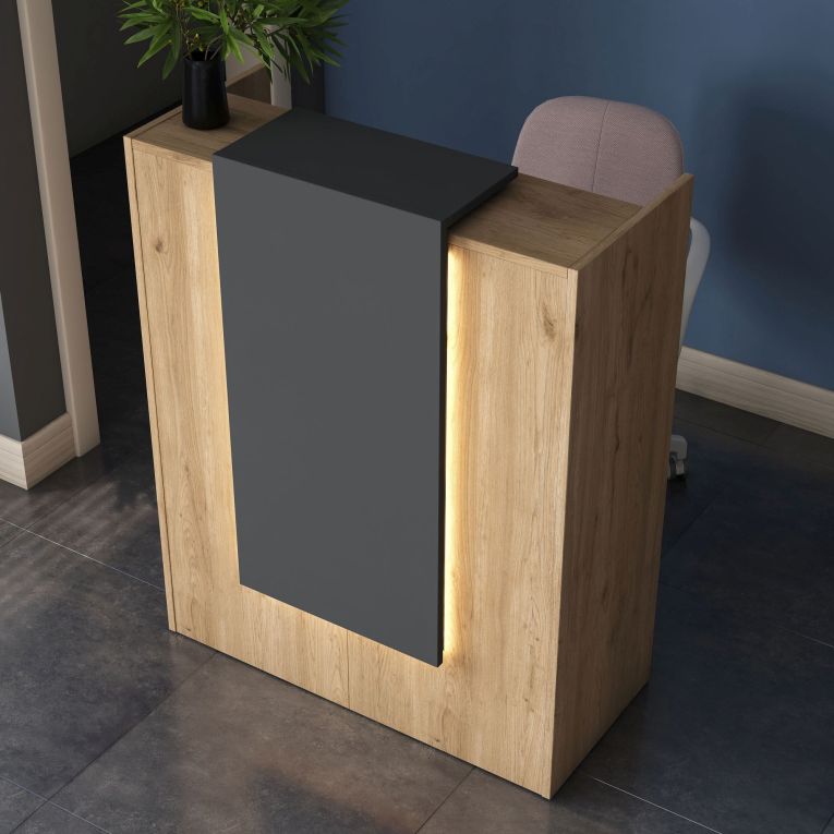 Scrivania Marrone Rovere Nero Antracite un Ripiano un Cassetto 90x40x110h cm, Banco Reception - Otricoli