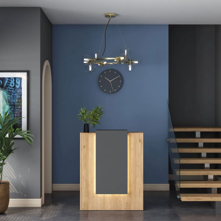Scrivania Marrone Rovere Nero Antracite un Ripiano un Cassetto 90x40x110h cm, Banco Reception - Otricoli