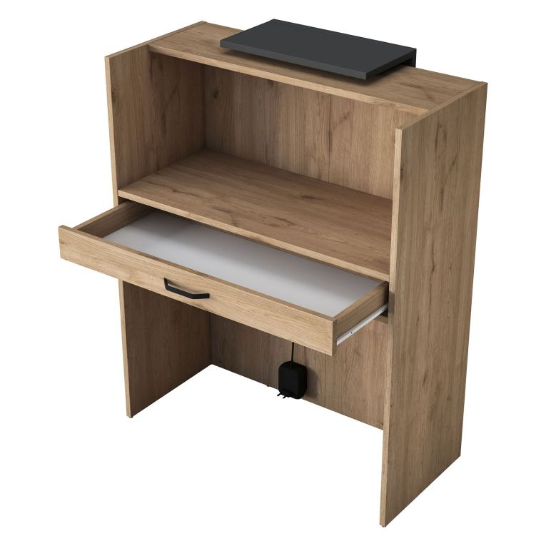 Scrivania Marrone Rovere Nero Antracite un Ripiano un Cassetto 90x40x110h cm, Banco Reception - Otricoli
