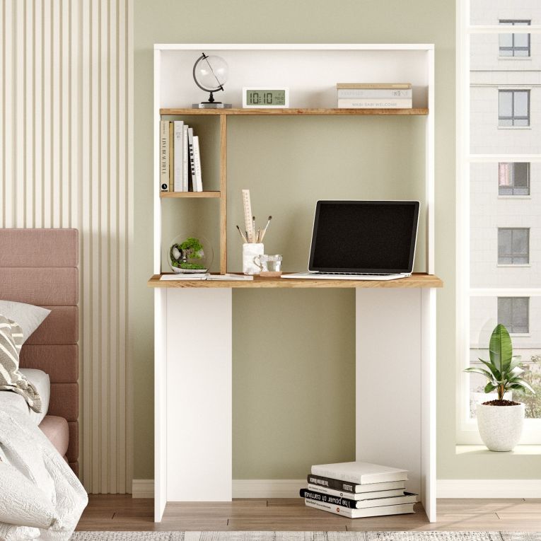 Scrivania Marrone Rovere Nodi Bianco 3 Ripiani 4 Vani 90x52x149h cm, Colore Ripiano Marrone - Nicotera