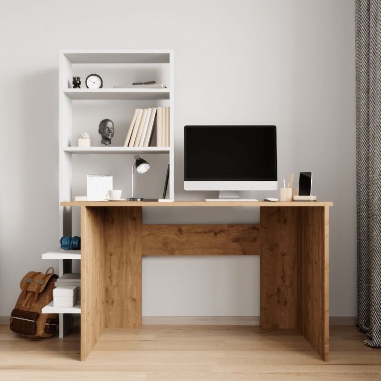 Scrivania Marrone Rovere Nodi Bianco 5 Ripiani 5 Vani 120x55x150h cm, con Libreria - Gradara