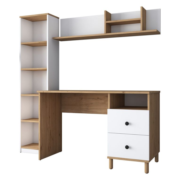 Scrivania Marrone Rovere Nodi Bianco 9 Ripiani 2 Cassetti 120x50x162h cm, 7 Vani - Venetico