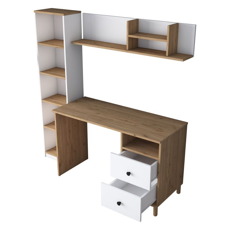 Scrivania Marrone Rovere Nodi Bianco 9 Ripiani 2 Cassetti 120x50x162h cm, 7 Vani - Venetico
