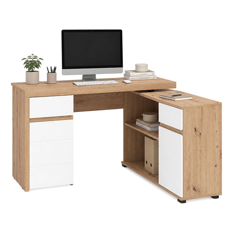 Scrivania Marrone Rovere Nodi Bianco Angolare 2 Cassetti 140x124x77h cm, 5 Ripiani - Piran