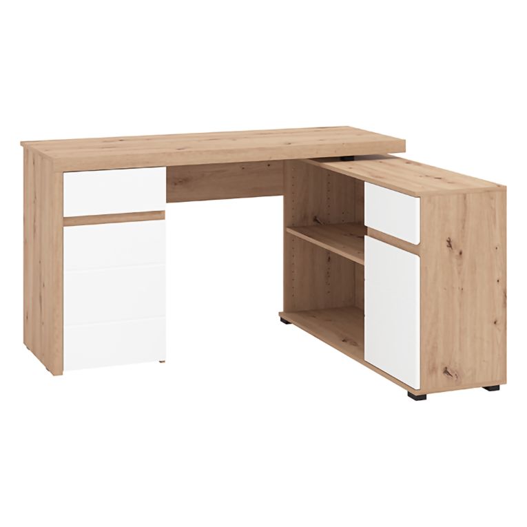 Scrivania Marrone Rovere Nodi Bianco Angolare 2 Cassetti 140x124x77h cm, 5 Ripiani - Piran