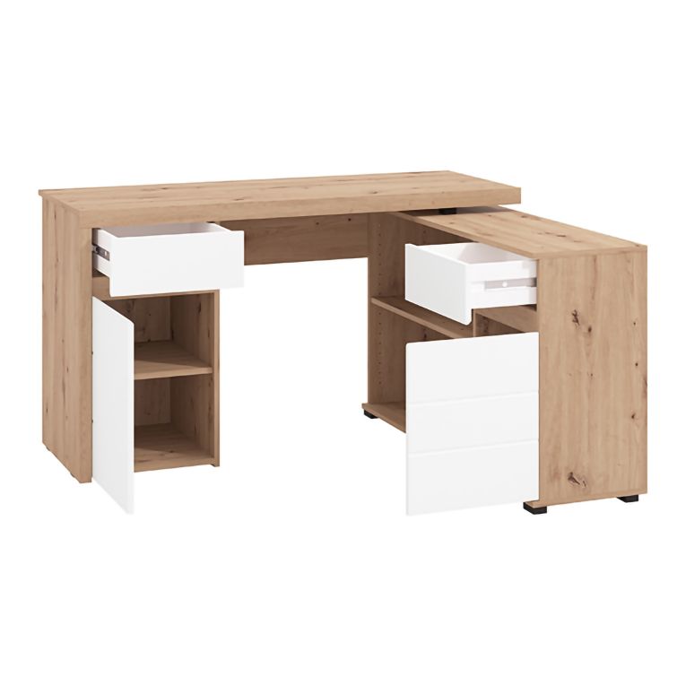 Scrivania Marrone Rovere Nodi Bianco Angolare 2 Cassetti 140x124x77h cm, 5 Ripiani - Piran