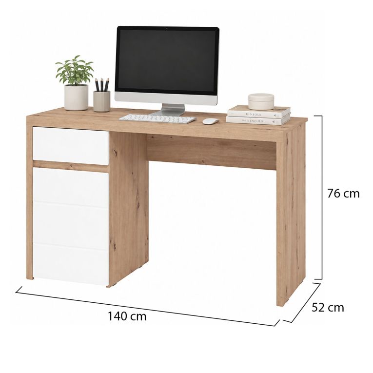 Scrivania Marrone Rovere Nodi Bianco un Cassetto 2 Ripiani 140x52x76h cm, Un'anta - Bovec