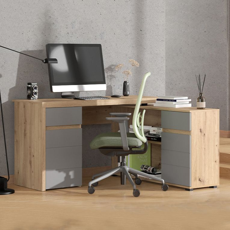 Scrivania Marrone Rovere Nodi Grigio Scuro Angolare 2 Cassetti 140x124x77h cm, 5 Ripiani - Piran