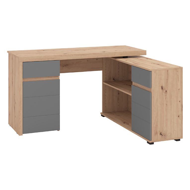 Scrivania Marrone Rovere Nodi Grigio Scuro Angolare 2 Cassetti 140x124x77h cm, 5 Ripiani - Piran