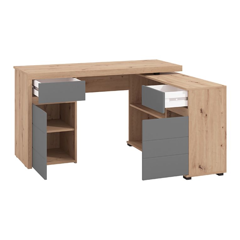 Scrivania Marrone Rovere Nodi Grigio Scuro Angolare 2 Cassetti 140x124x77h cm, 5 Ripiani - Piran