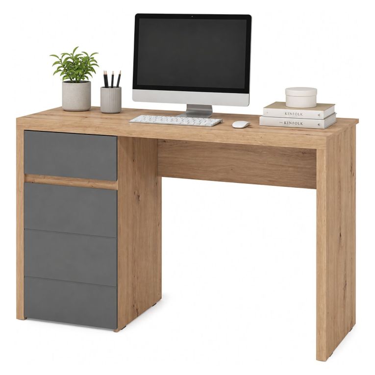 Scrivania Marrone Rovere Nodi Grigio Scuro un Cassetto 2 Ripiani 140x52x77h cm, Un'anta - Bovec