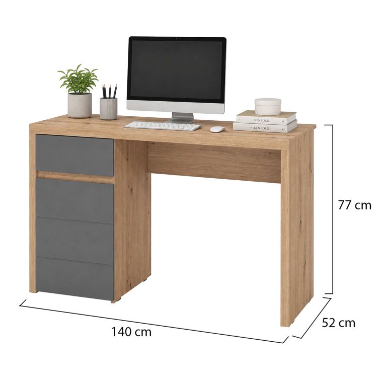 Scrivania Marrone Rovere Nodi Grigio Scuro un Cassetto 2 Ripiani 140x52x77h cm, Un'anta - Bovec