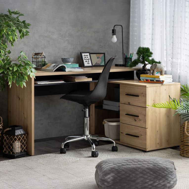 Scrivania Marrone Rovere Nodi Nero Angolare 3 Ripiani 137.5x101.5x75h cm, 3 Cassetti - Sapri