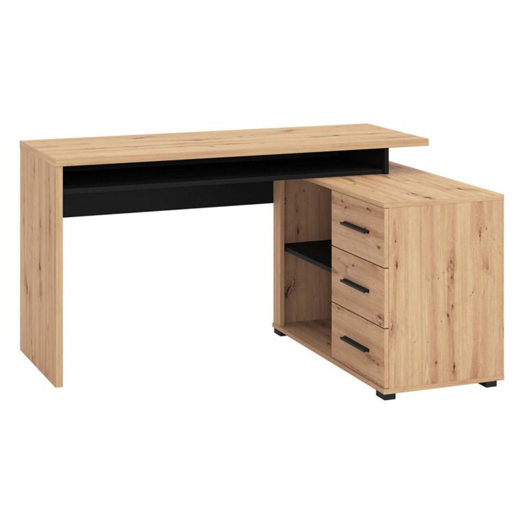 Scrivania Marrone Rovere Nodi Nero Angolare 3 Ripiani 137.5x101.5x75h cm, 3 Cassetti - Sapri