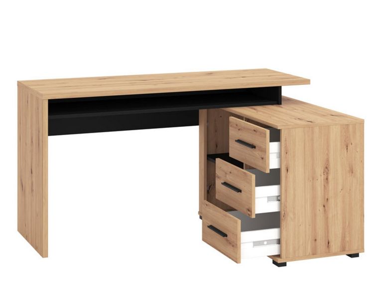 Scrivania Marrone Rovere Nodi Nero Angolare 3 Ripiani 137.5x101.5x75h cm, 3 Cassetti - Sapri