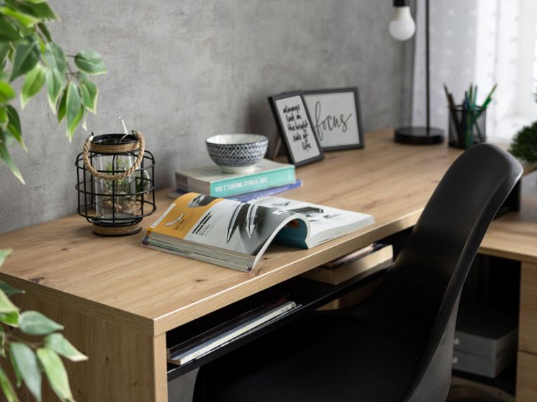 Scrivania Marrone Rovere Nodi Nero Angolare 3 Ripiani 137.5x101.5x75h cm, 3 Cassetti - Sapri