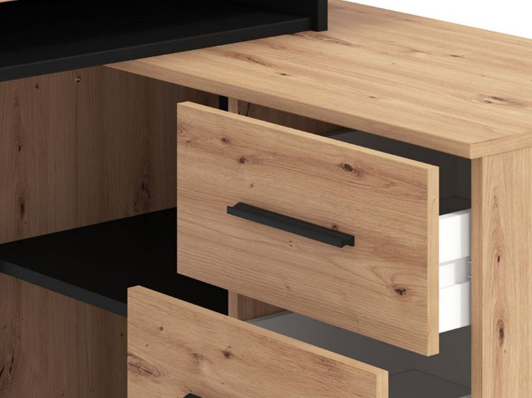Scrivania Marrone Rovere Nodi Nero Angolare 3 Ripiani 137.5x101.5x75h cm, 3 Cassetti - Sapri