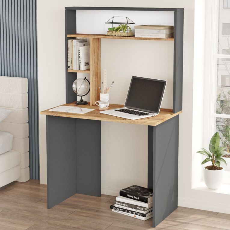 Scrivania Marrone Rovere Nodi Nero Antracite 3 Ripiani 4 Vani 90x52x149h cm, Colore Ripiano Marrone - Nicotera