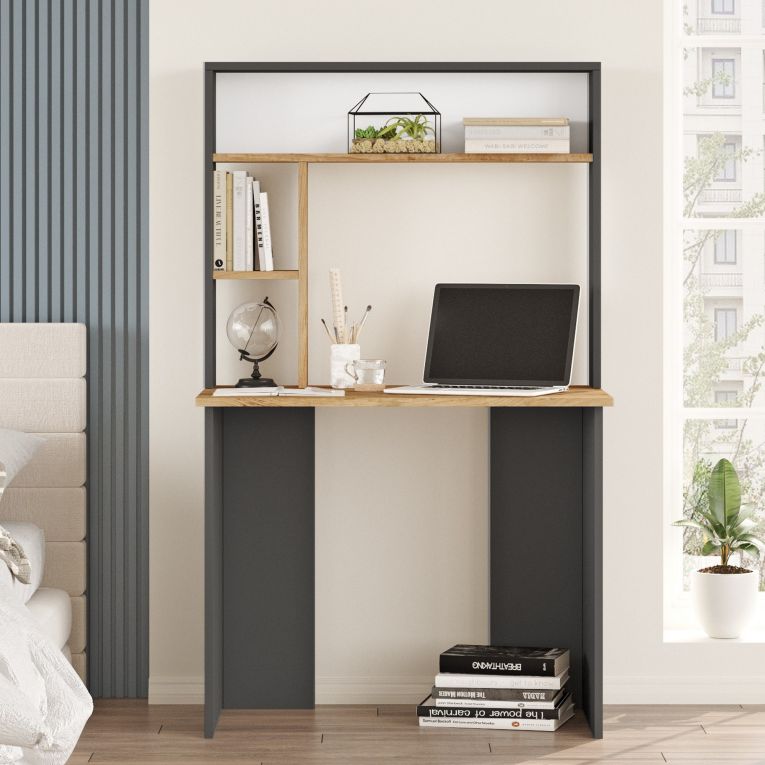 Scrivania Marrone Rovere Nodi Nero Antracite 3 Ripiani 4 Vani 90x52x149h cm, Colore Ripiano Marrone - Nicotera