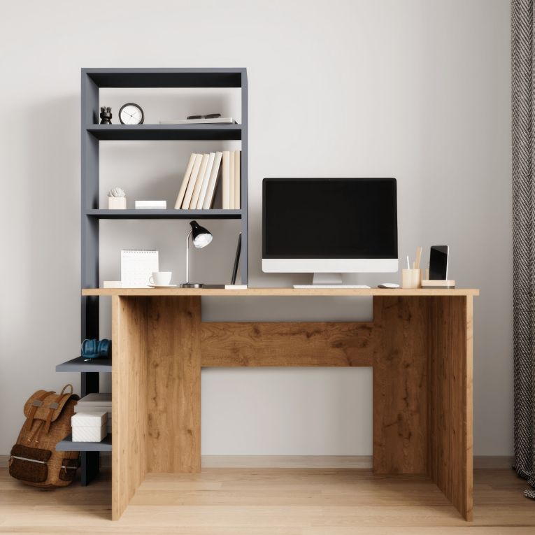 Scrivania Marrone Rovere Nodi Nero Antracite 5 Ripiani 5 Vani 120x55x150h cm, con Libreria - Gradara