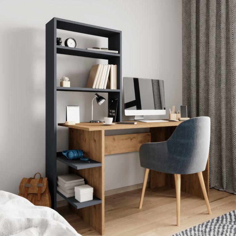 Scrivania Marrone Rovere Nodi Nero Antracite 5 Ripiani 5 Vani 120x55x150h cm, con Libreria - Gradara