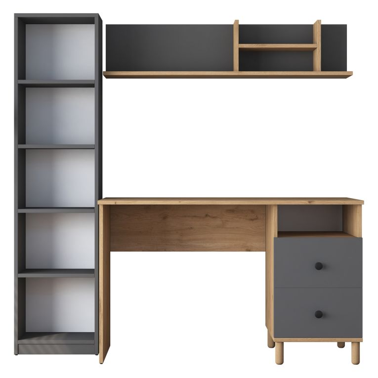 Scrivania Marrone Rovere Nodi Nero Antracite 9 Ripiani 2 Cassetti 120x50x162h cm, 7 Vani - Venetico
