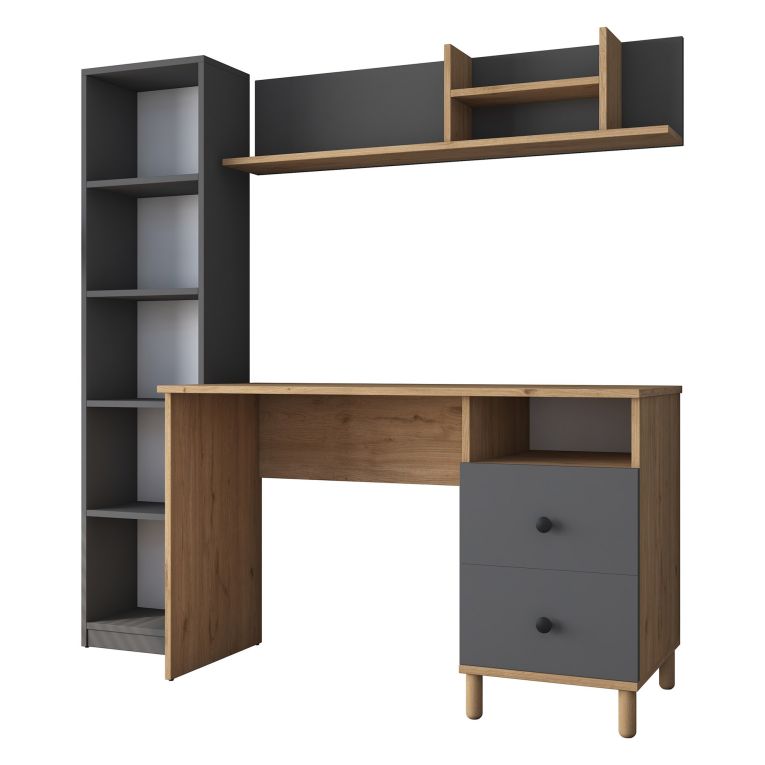 Scrivania Marrone Rovere Nodi Nero Antracite 9 Ripiani 2 Cassetti 120x50x162h cm, 7 Vani - Venetico