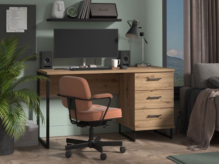 Scrivania Marrone Rovere Nodi Nero un Ripiano 3 Cassetti 137.5x56x75h cm, Maniglie Incluse - Ponza