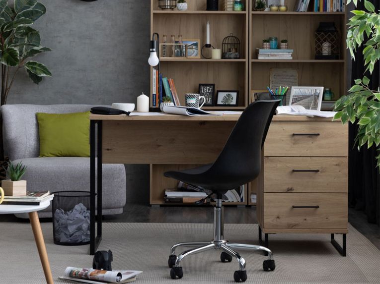 Scrivania Marrone Rovere Nodi Nero un Ripiano 3 Cassetti 137.5x56x75h cm, Maniglie Incluse - Ponza