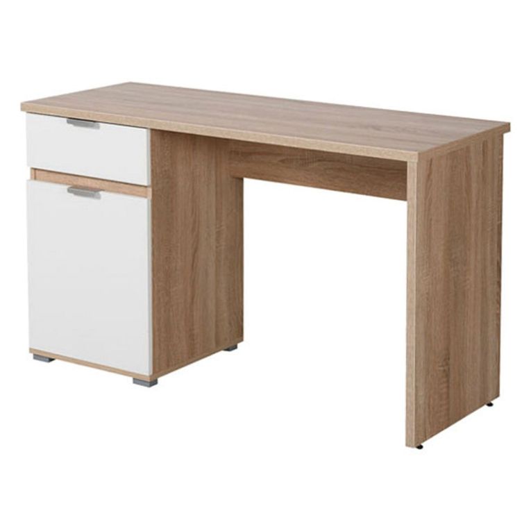 Scrivania Marrone Rovere Scuro Bianco un Cassetto un Ripiano 130x50x75.5h cm, Un'anta - Petriano