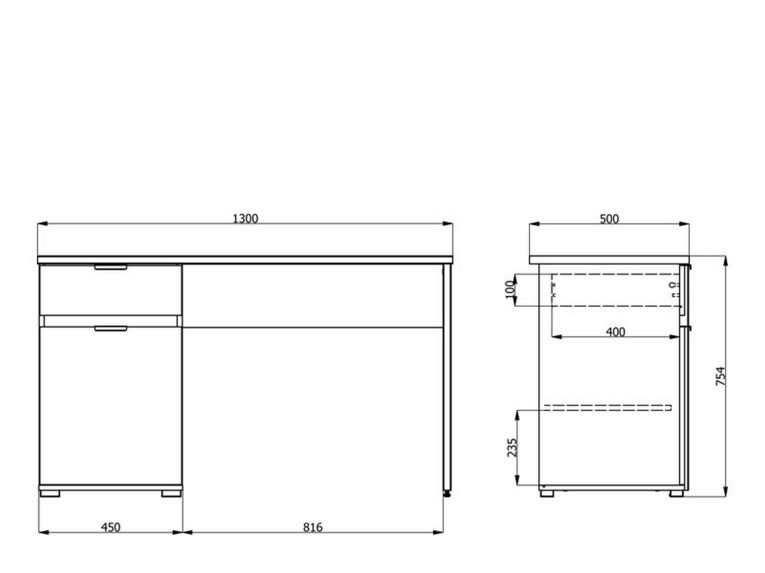 Scrivania Marrone Rovere Scuro Bianco un Cassetto un Ripiano 130x50x75.5h cm, Un'anta - Petriano