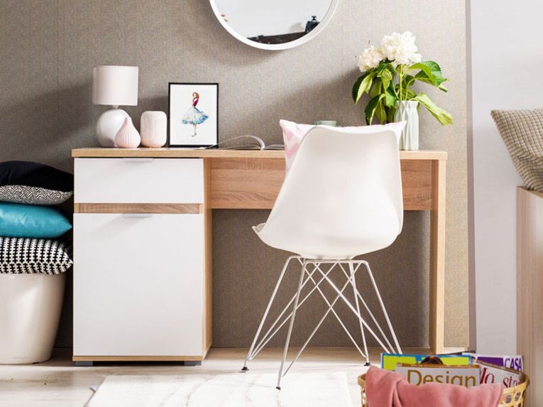 Scrivania Marrone Rovere Scuro Bianco un Cassetto un Ripiano 130x50x75.5h cm, Un'anta - Petriano