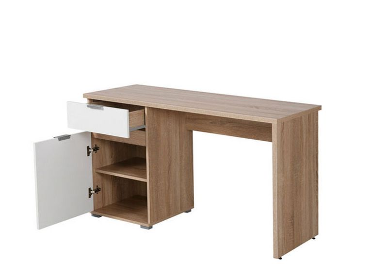 Scrivania Marrone Rovere Scuro Bianco un Cassetto un Ripiano 130x50x75.5h cm, Un'anta - Petriano