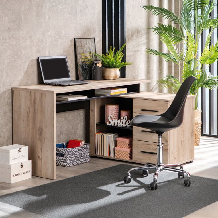 Scrivania Marrone Rovere Scuro Nero Angolare 3 Ripiani 137.5x101.5x75h cm, 3 Cassetti - Sapri