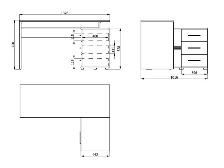 Scrivania Marrone Rovere Scuro Nero Angolare 3 Ripiani 137.5x101.5x75h cm, 3 Cassetti - Sapri