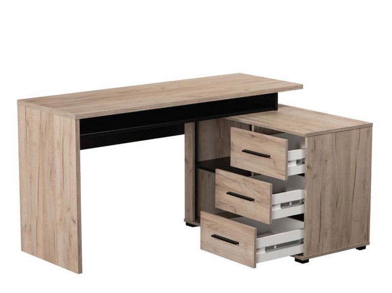 Scrivania Marrone Rovere Scuro Nero Angolare 3 Ripiani 137.5x101.5x75h cm, 3 Cassetti - Sapri
