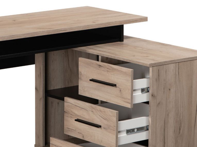 Scrivania Marrone Rovere Scuro Nero Angolare 3 Ripiani 137.5x101.5x75h cm, 3 Cassetti - Sapri