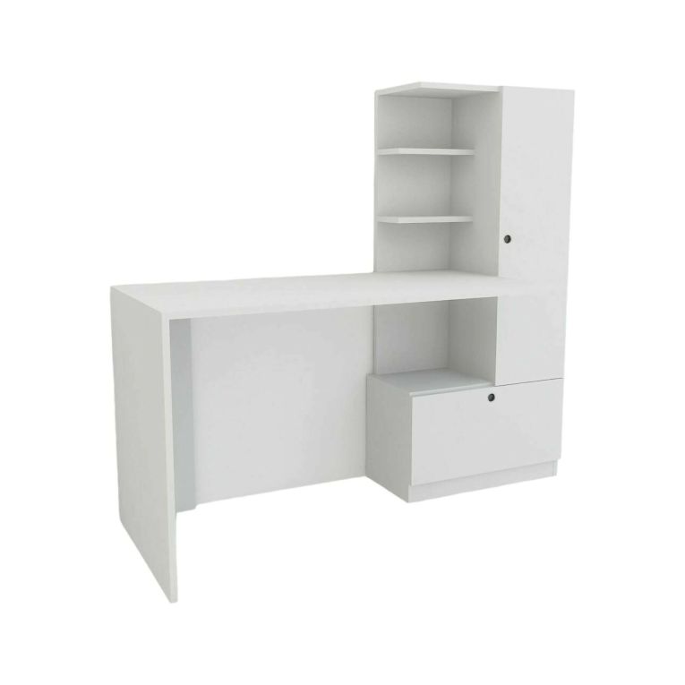 Scrivania Mars, Scrittoio angolare, Tavolo ufficio multiuso, Scrivania salvaspazio multi posizione, 120x62h74 cm, Bianco