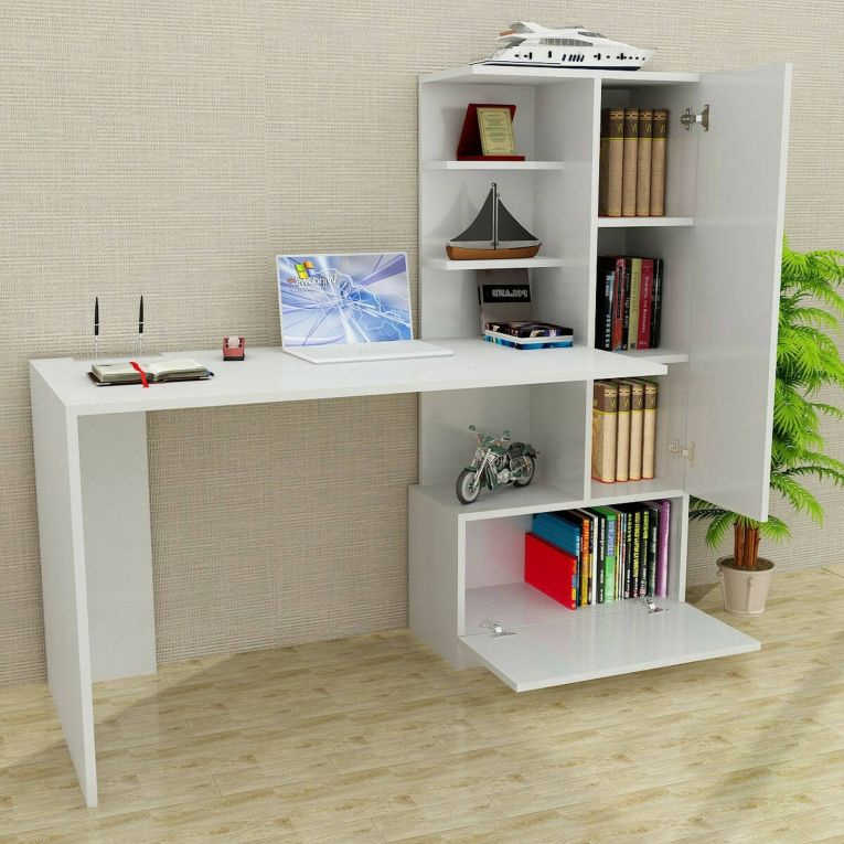 Scrivania Mars, Scrittoio angolare, Tavolo ufficio multiuso, Scrivania salvaspazio multi posizione, 120x62h74 cm, Bianco