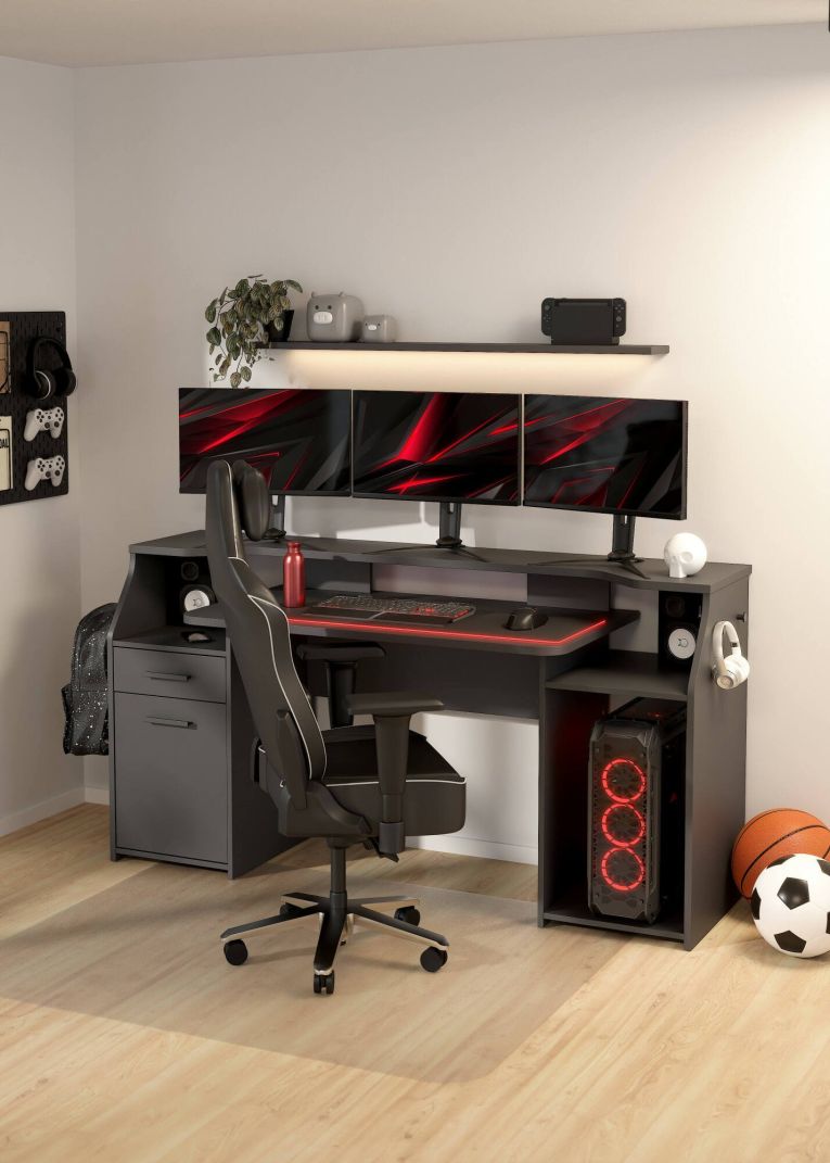Scrivania Mezzani, tavolo da lavoro dotato di 1 anta e 1 cassetto, ideale per ufficio e gaming, 171x62 h89 cm, Grigio