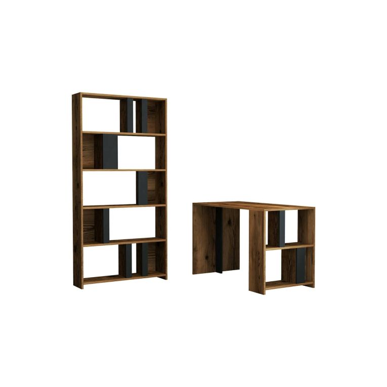 Scrivania Mirach, Scrittoio angolare, Tavolo per ufficio porta PC con libreria, 120x60h75 cm, Noce e Antracite