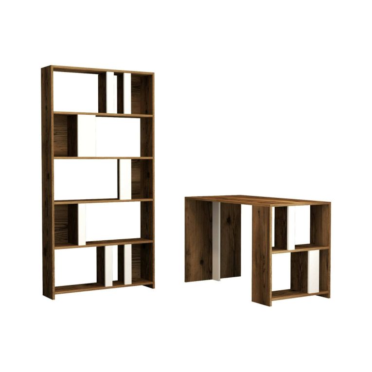 Scrivania Mirach, Scrittoio angolare, Tavolo per ufficio porta PC con libreria, 120x60h75 cm, Noce e Bianco
