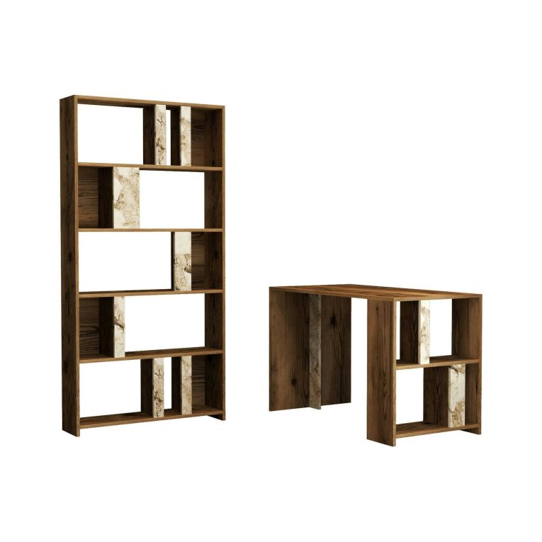 Scrivania Mirach, Scrittoio angolare, Tavolo per ufficio porta PC con libreria, 120x60h75 cm, Noce e Bianco Marmo