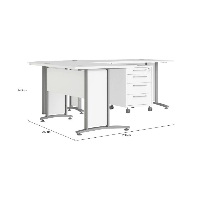 Scrivania Mirella, Scrittoio multiuso, Tavolo per ufficio porta PC, Piano di lavoro, 230x200 h75 cm, Bianco e Grigio