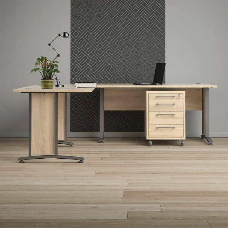 Scrivania Mirella, Scrittoio multiuso, Tavolo per ufficio porta PC, Piano di lavoro, 230x200 h75 cm, Grigio e Quercia