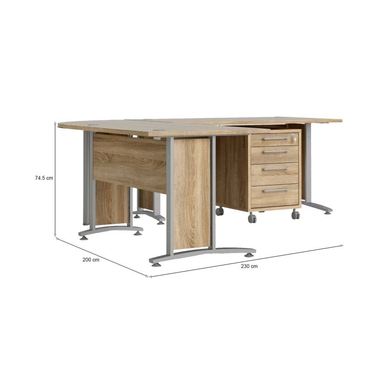 Scrivania Mirella, Scrittoio multiuso, Tavolo per ufficio porta PC, Piano di lavoro, 230x200 h75 cm, Grigio e Quercia