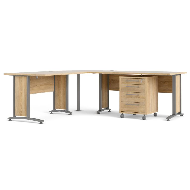 Scrivania Mirella, Scrittoio multiuso, Tavolo per ufficio porta PC, Piano di lavoro, 230x200 h75 cm, Grigio e Quercia