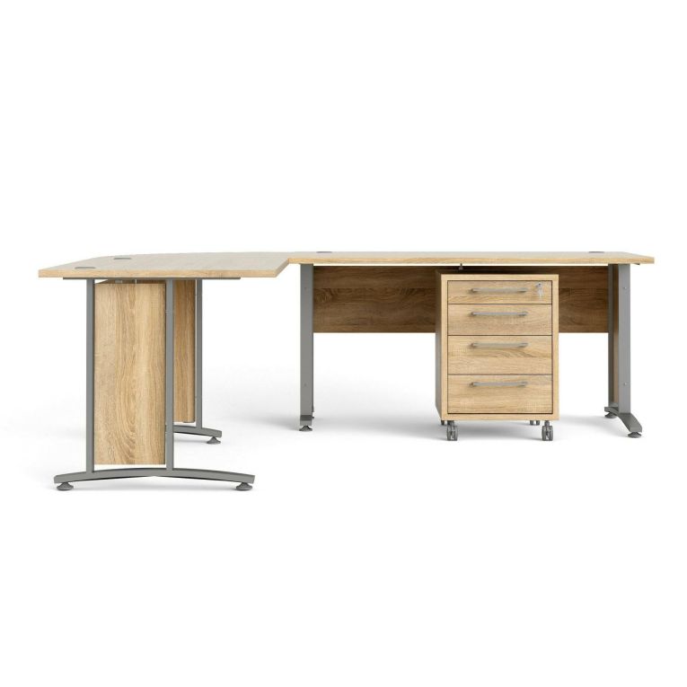 Scrivania Mirella, Scrittoio multiuso, Tavolo per ufficio porta PC, Piano di lavoro, 230x200 h75 cm, Grigio e Quercia