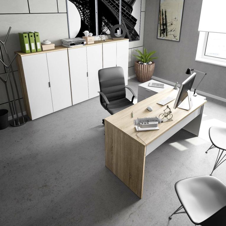 Scrivania moderna rovere e bianca 145x108cm con 2 cassetti - Agnello